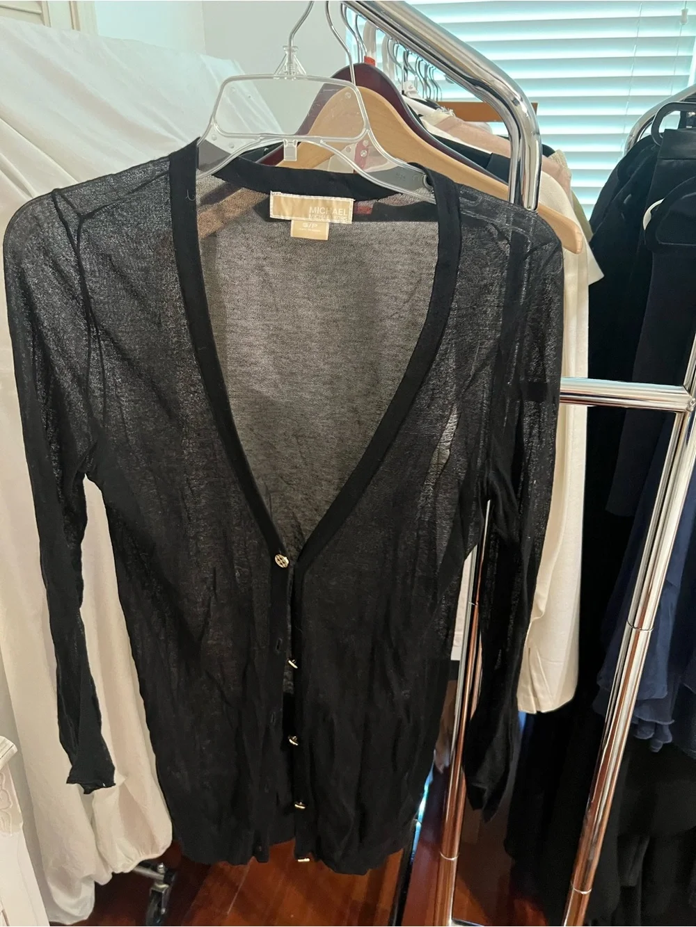 Michael Kors Black Sheer Cardigan with Gold-Tone Label Detail